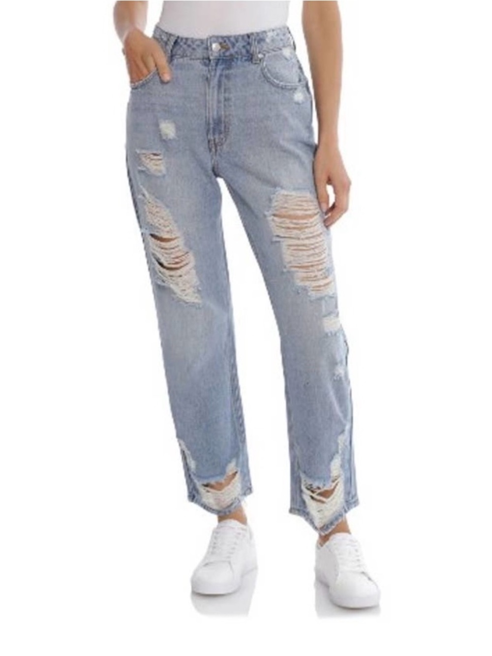 Avec Les Filles High Rise Light Wash Ripped Distressed Mom Jeans 100% Cotton 27